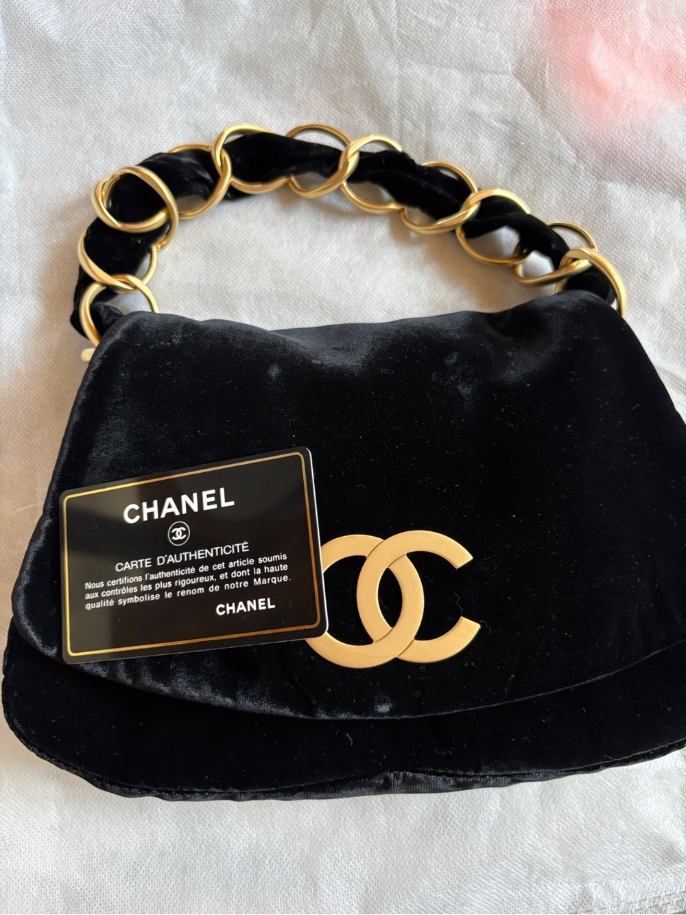 CHANEL Black Velvet Shoulder Bag with Gold CC Emblem